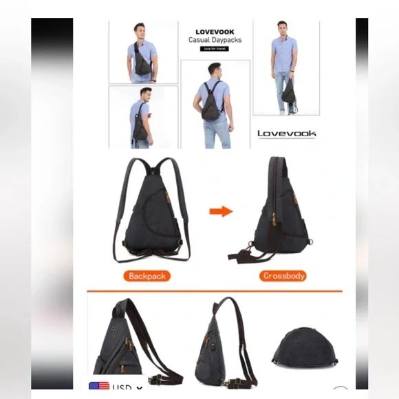 LoveVook Men's Sling Gray Canvas Convertible Backpack Unisex Daypack